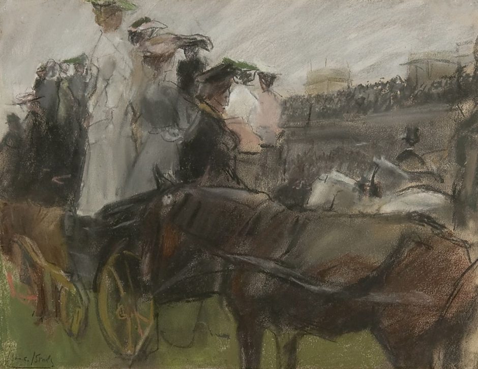 Isaac Israels - Op de renbaan van Longchamps, Parijs, pastel en potlood op papier 30,5 x 40,0 cm, gesigneerd linksonder en te dateren ca. 1900